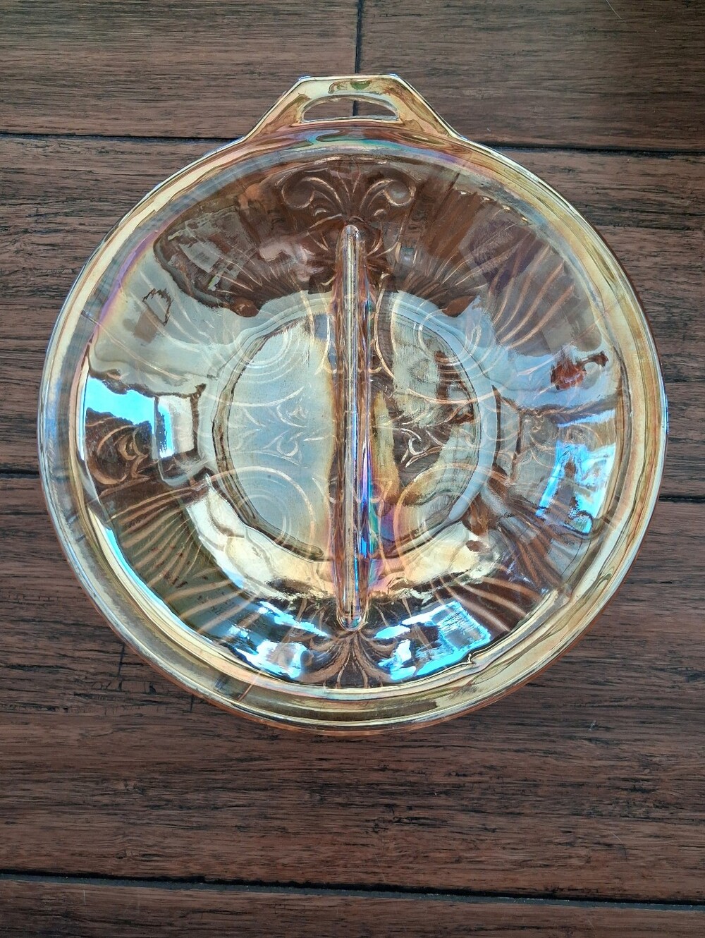 Indiana Glass Killarney Divided Relish Dish Carnival Glass Iridescent Amber